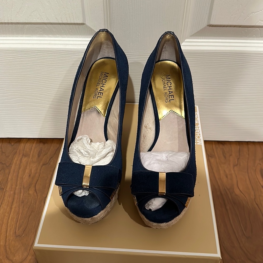 Michael Kors navy wedge peep toe 7.5